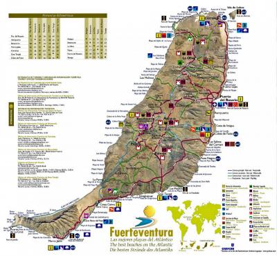 Carte fuerteventura avec distances km routes autoroutes aeroport musee hopital